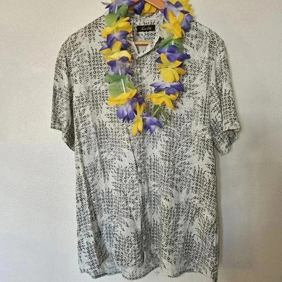 Tasso Elba Men’s Silk Hawaiian Shirt M | Taupe Palm Print Camp Button-Up - Picture 3 of 16